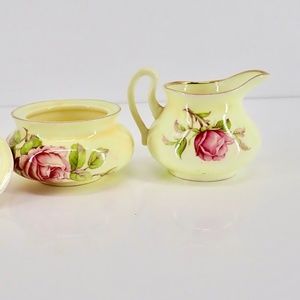 Crown Staffordshire England Yellow with Pink Roses Creamer Sugar Bowl Set 1930's